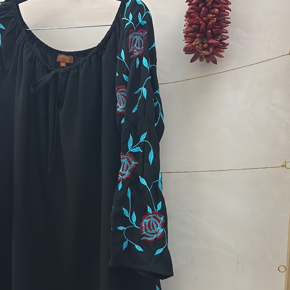 Scully Black Dress with Blue and Red Embroidery - Picture 2 of 7